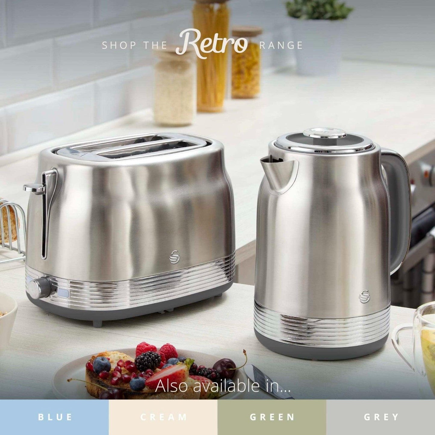 Swan Retro Jug Kettle & 2 Slice Toaster Kitchen Set Silver (Stainless Steel) - Vibe Home
