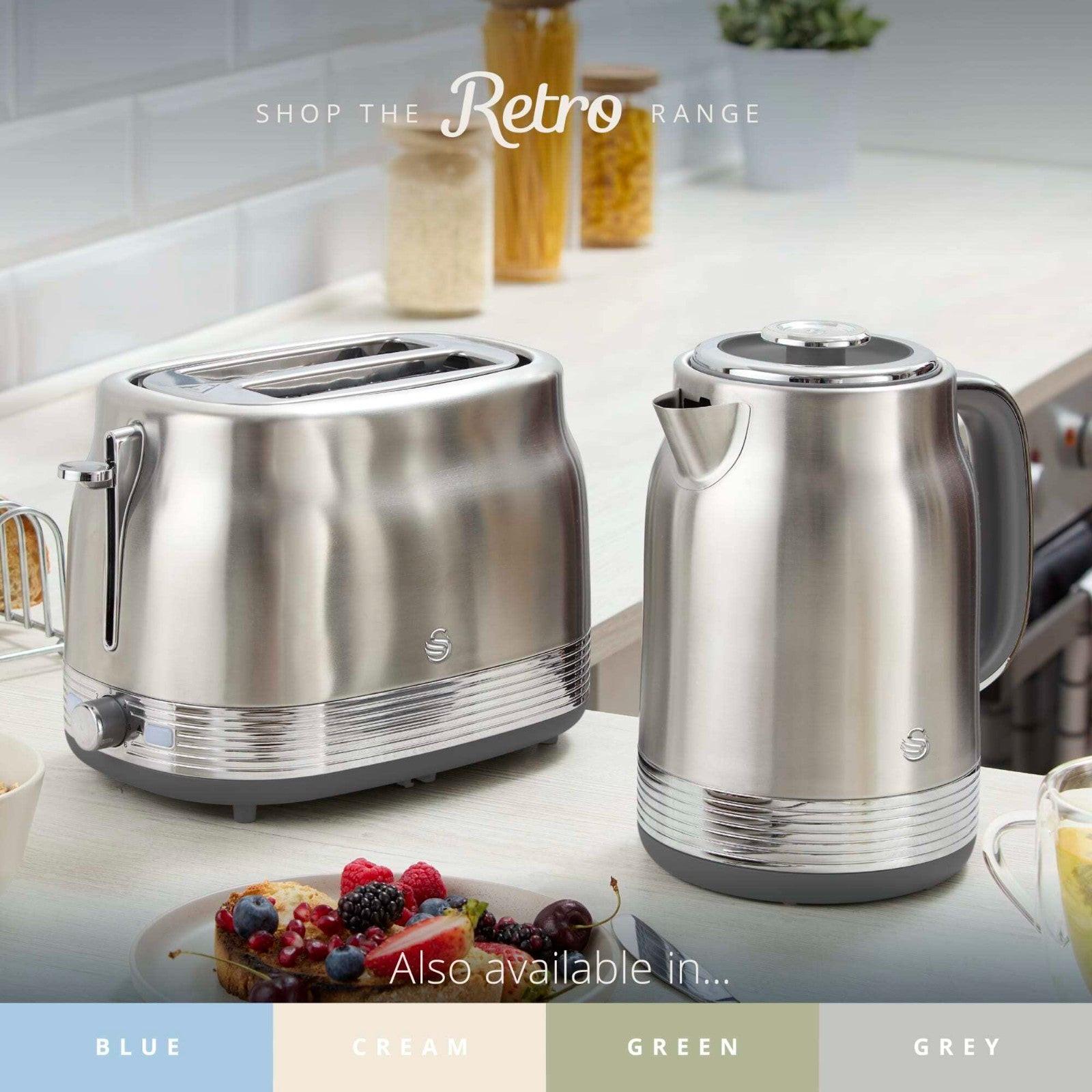Swan Retro Jug Kettle & 2 Slice Toaster Kitchen Set Silver (Stainless Steel) - Vibe Home