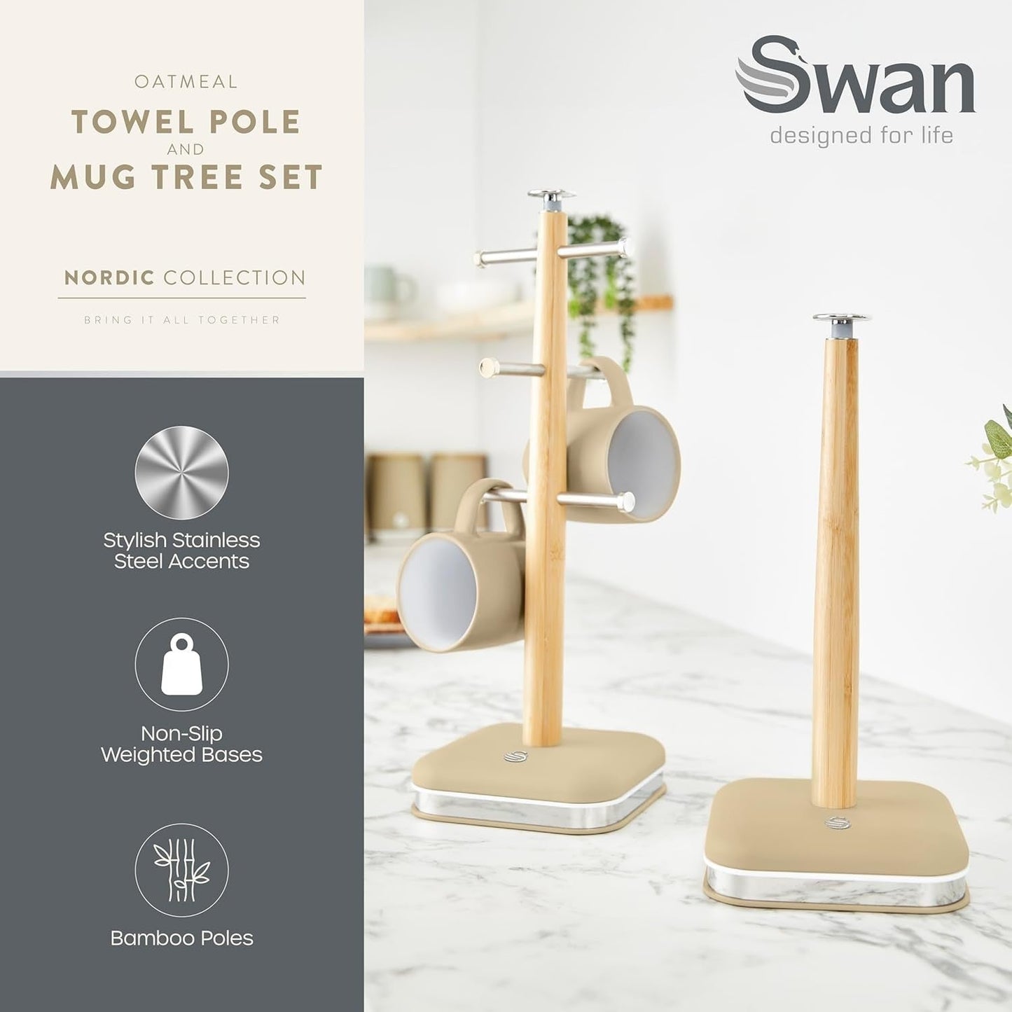 Swan Nordic Oatmeal Kitchen Set Kettle Toaster Bread Bin Canisters Mug Tree Towel Pole 5061025428311