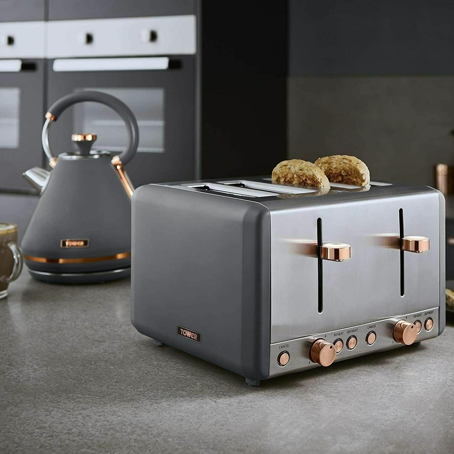 Tower Cavaletto Pyramid Kettle, 4 Slice Toaster & Canisters Kitchen Set (Grey) - Vibe Home