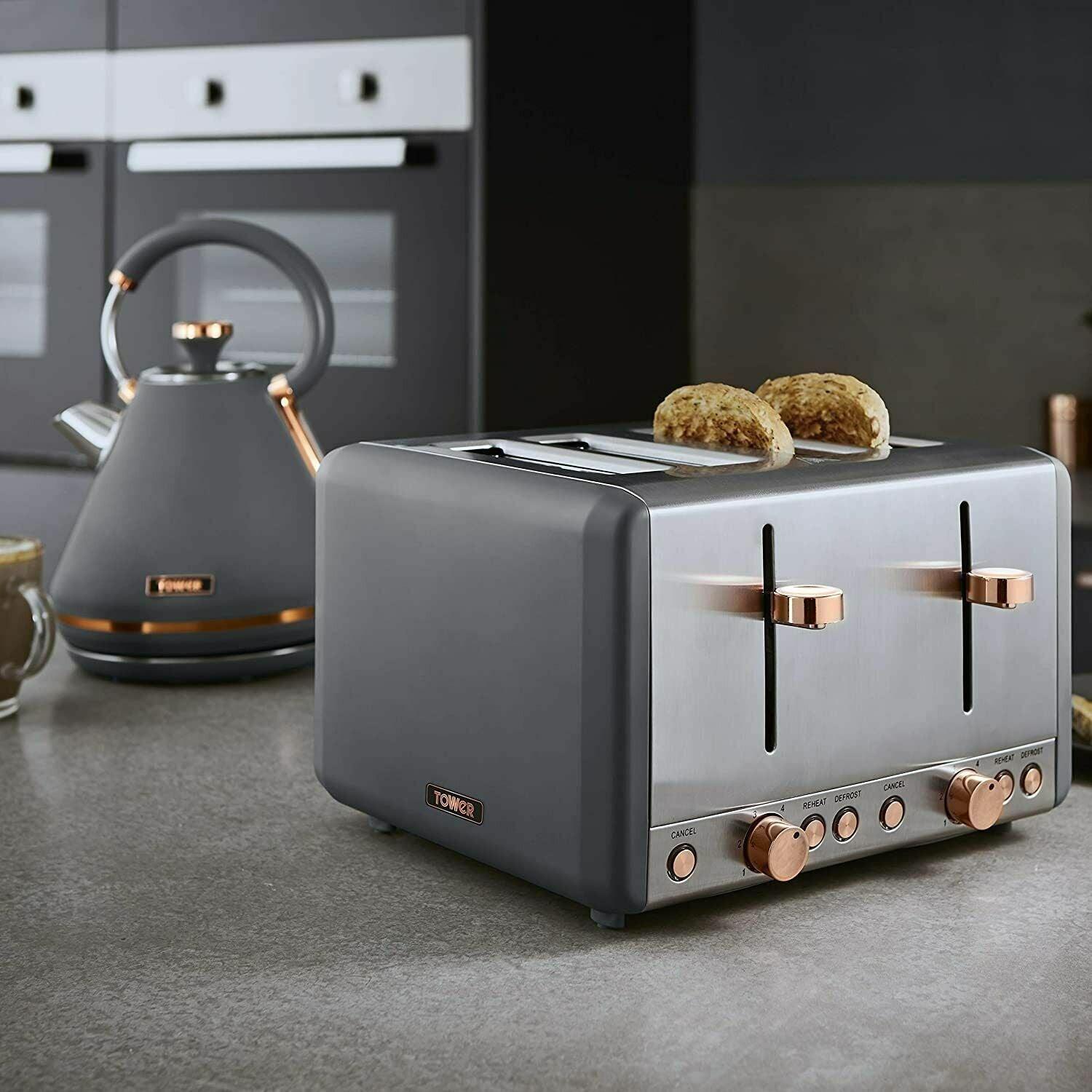 Tower Cavaletto Pyramid Kettle, 4 Slice Toaster & Canisters Kitchen Set (Grey) - Vibe Home