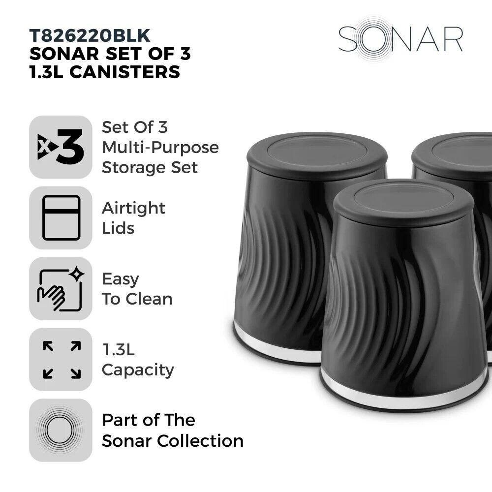 Tower Sonar Kettle, 2 Slice Toaster, Bread Bin & Canisters Kitchen Set (Black) - Vibe Home