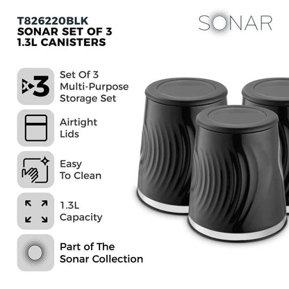 Tower Sonar Kettle, 2 Slice Toaster, Bread Bin & Canisters Kitchen Set (Black) - Vibe Home