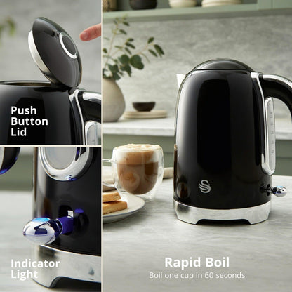 Swan Solace Jug Kettle, 2 Slice Toaster, Bread Bin, Canisters Kitchen Set (Black) - Vibe Home