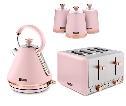Tower Cavaletto Pyramid Kettle, 4 Slice Toaster & Canister Kitchen Set (Pink) - Vibe Home