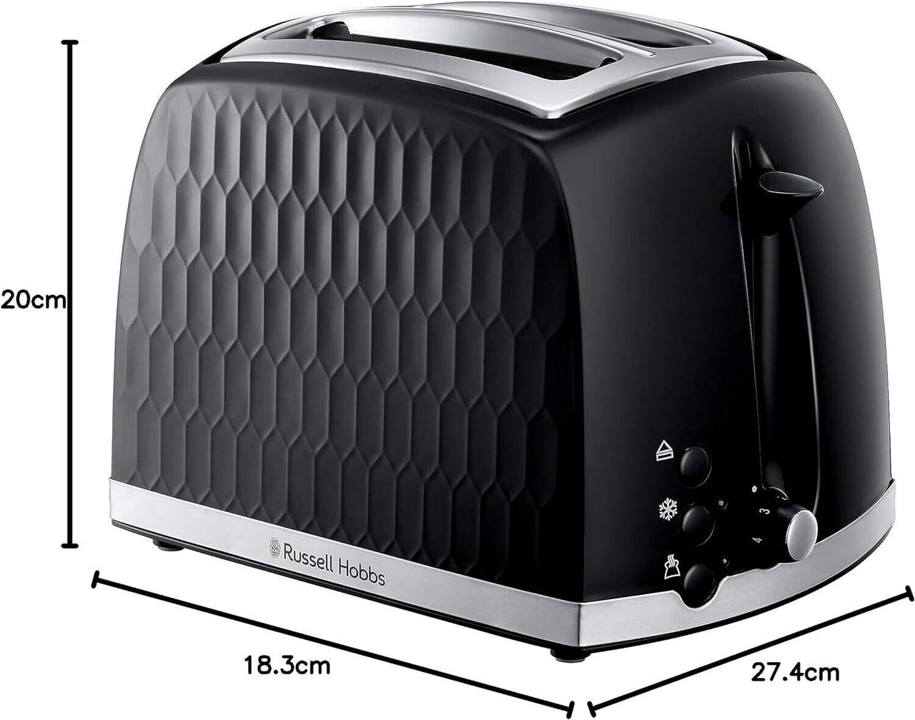 Black 2-slice toaster with honeycomb sides, chrome trim, and control knobs