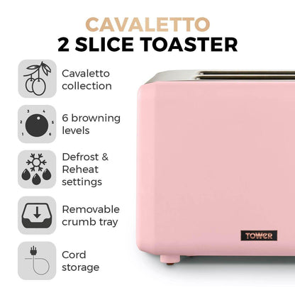 Tower Cavaletto Pyramid Kettle, 2 Slice Toaster & Canisters Kitchen Set (Pink) - Vibe Home