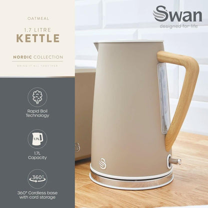 Swan Nordic Kettle, 4 Slice Toaster, Bread Bin, Canisters Kitchen Set (Oatmeal) - Vibe Home