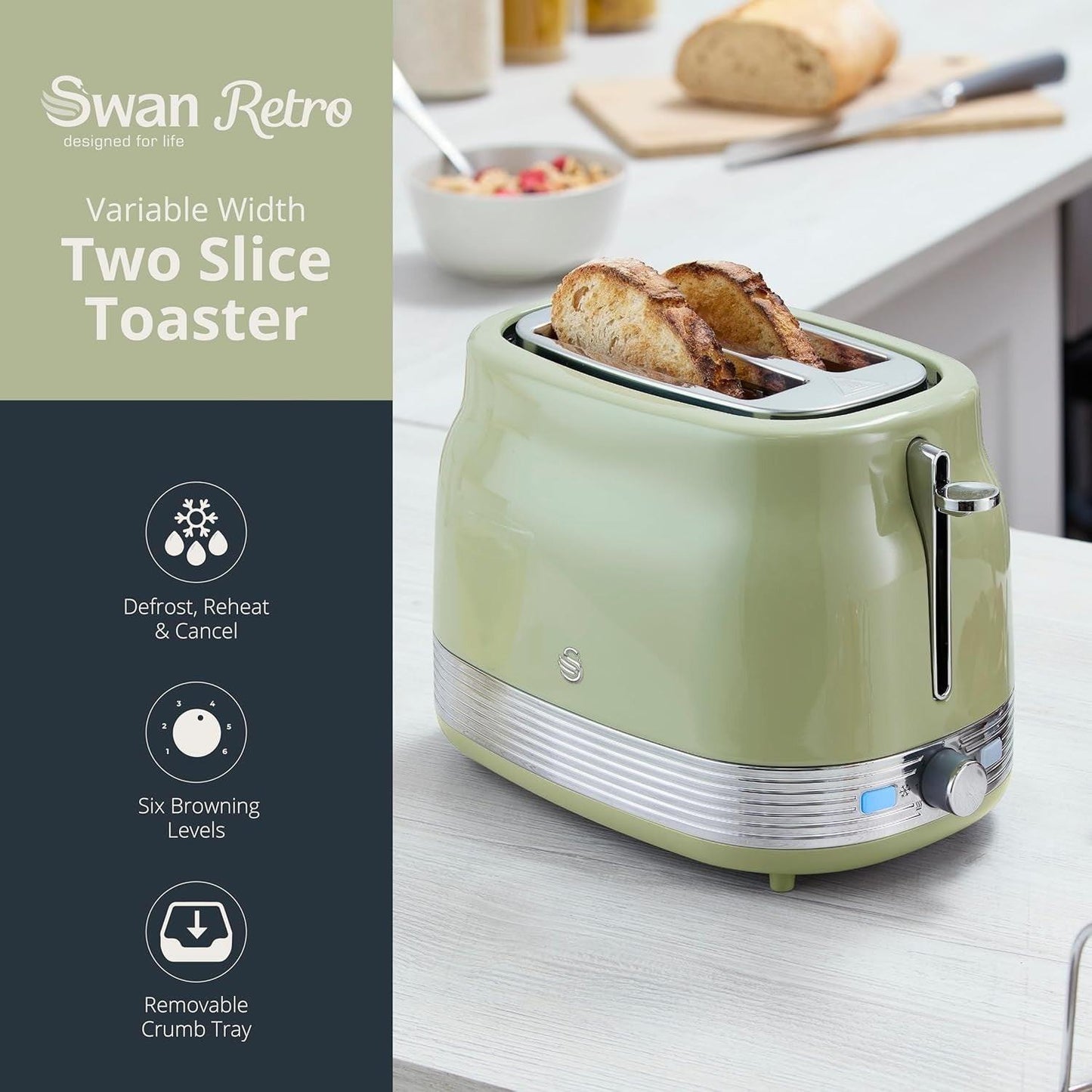 Swan Retro Jug Kettle, 2 Slice Toaster & Canisters Kitchen Set (Green) - Vibe Home