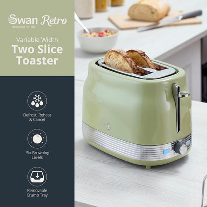 Swan Retro Jug Kettle, 2 Slice Toaster & Canisters Kitchen Set (Green) - Vibe Home
