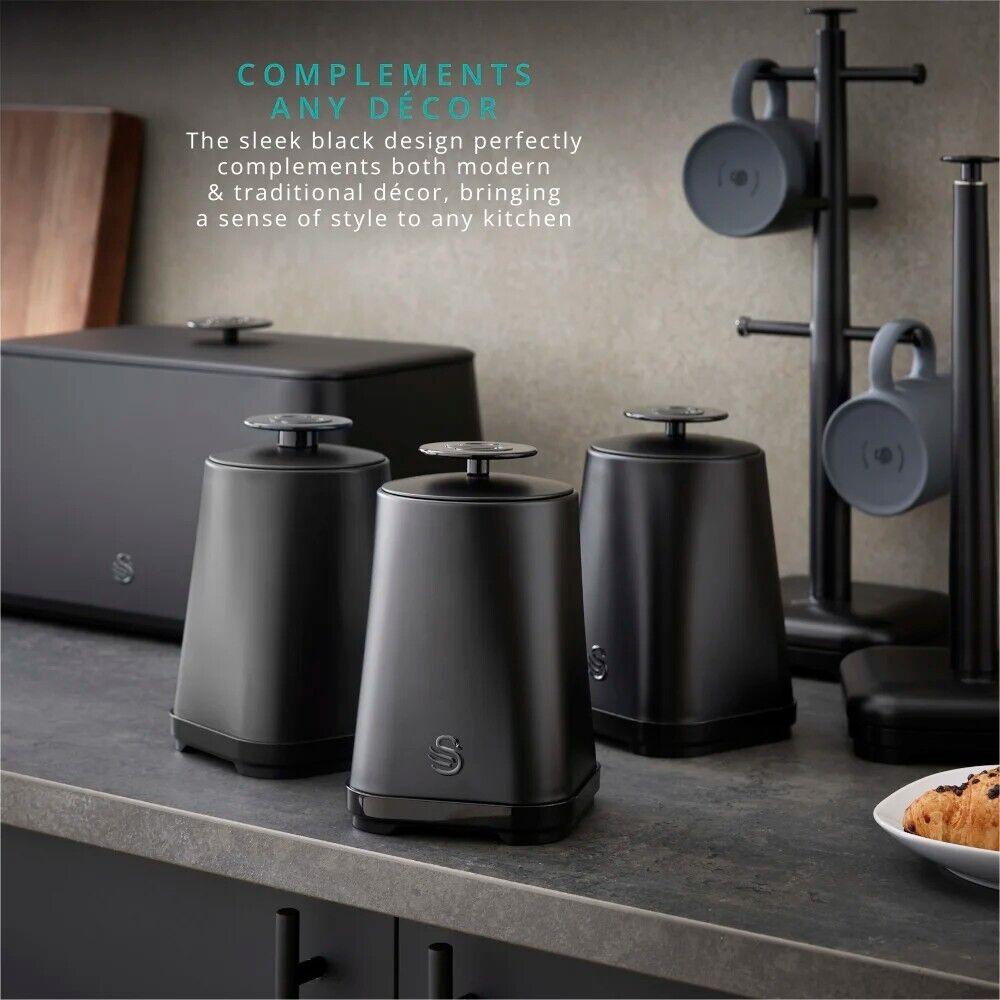 Swan Stealth Kettle, 4 Slice Toaster, Bread Bin, Canisters Kitchen Set (Matt Black) - Vibe Home