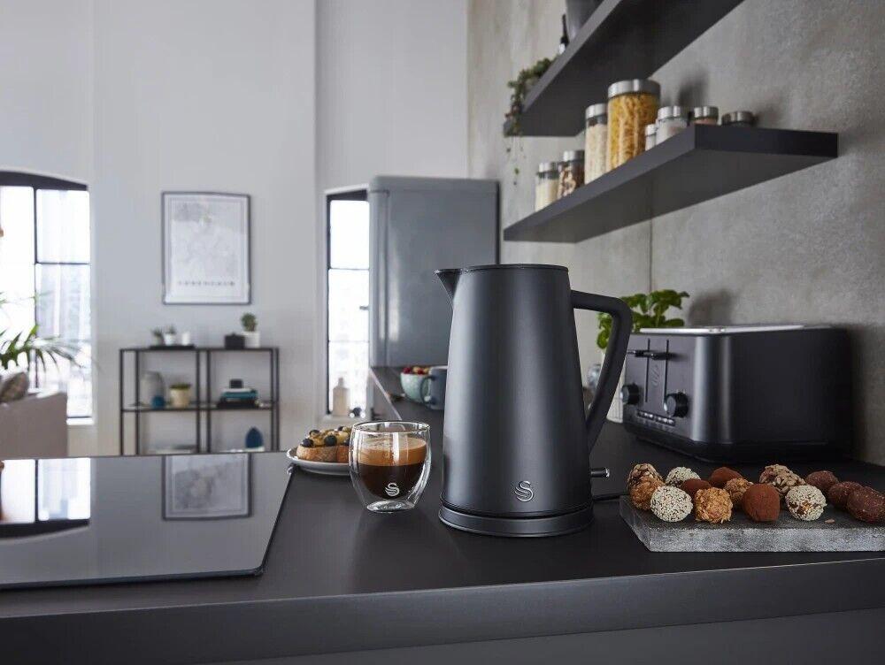 Swan Stealth Kettle, 4 Slice Toaster, Bread Bin, Canisters Kitchen Set (Matt Black) - Vibe Home