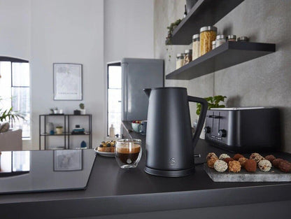Swan Stealth Kettle, 4 Slice Toaster, Bread Bin, Canisters Kitchen Set (Matt Black) - Vibe Home