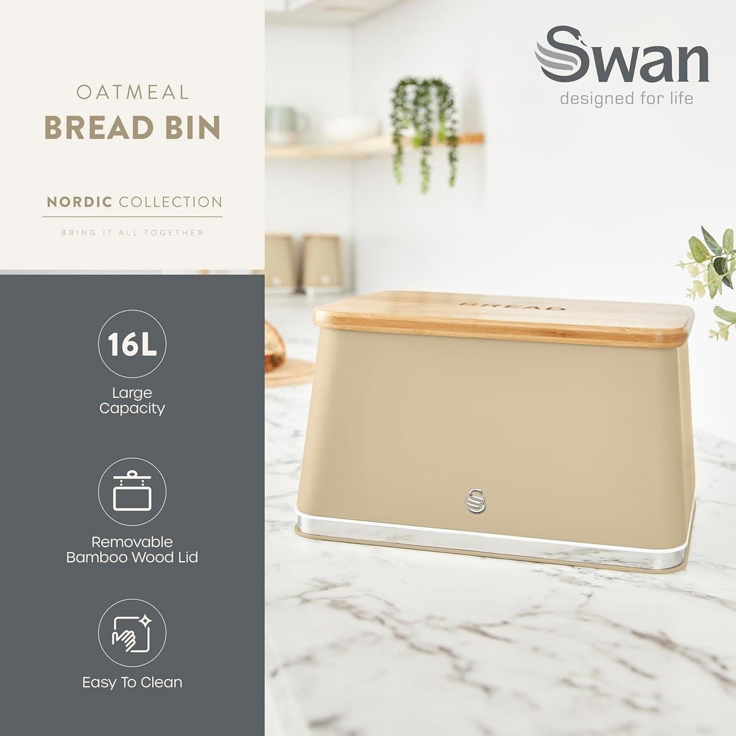 Swan Nordic Kettle, 2 Slice Toaster, Bread Bin, Canisters Kitchen Set (Oatmeal) - Vibe Home
