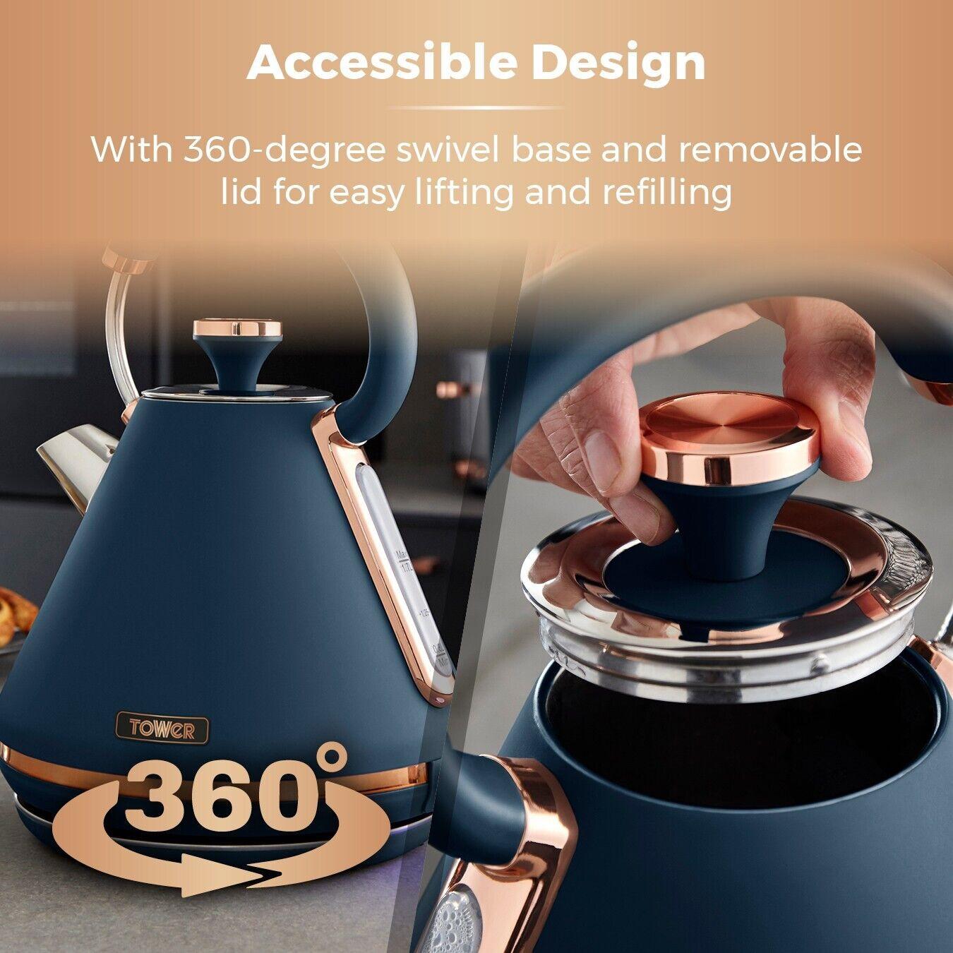 Tower Cavaletto Pyramid Kettle, 4 Slice Toaster & Canister Kitchen Set (Midnight Blue) - Vibe Home