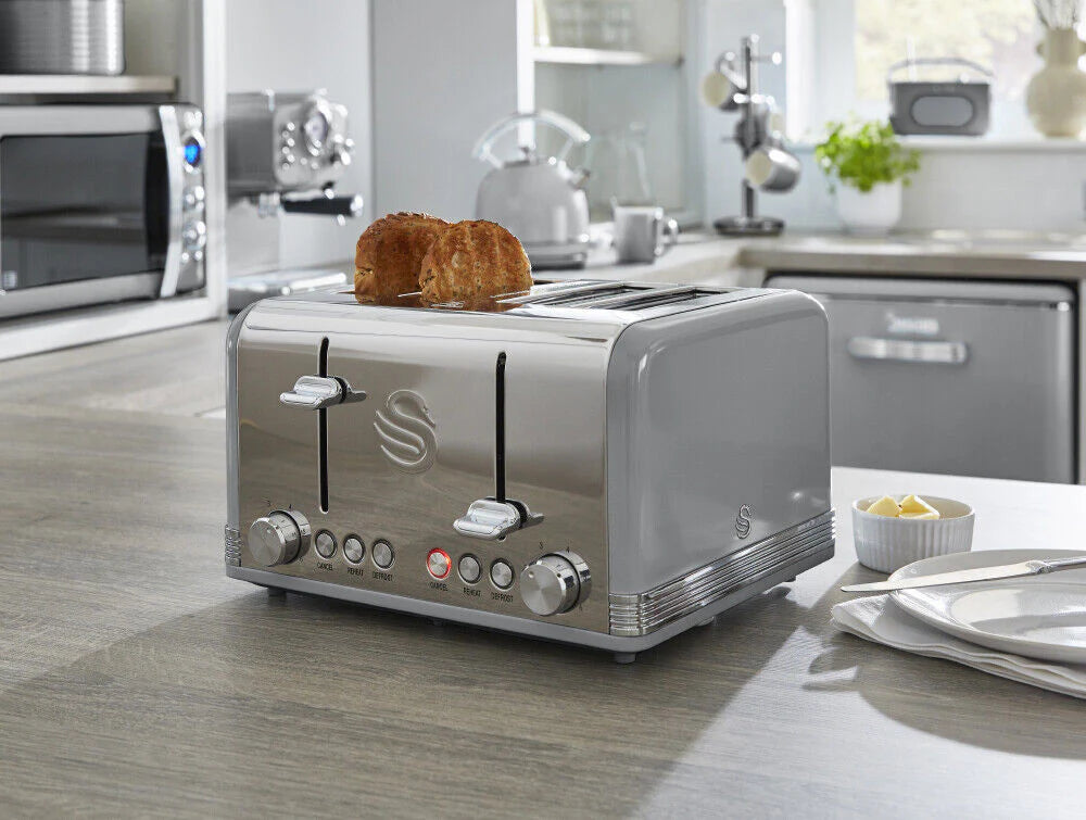 Swan Retro Grey Kettle, 4 Slice Toaster, Bread Bin Canisters Kitchen Set