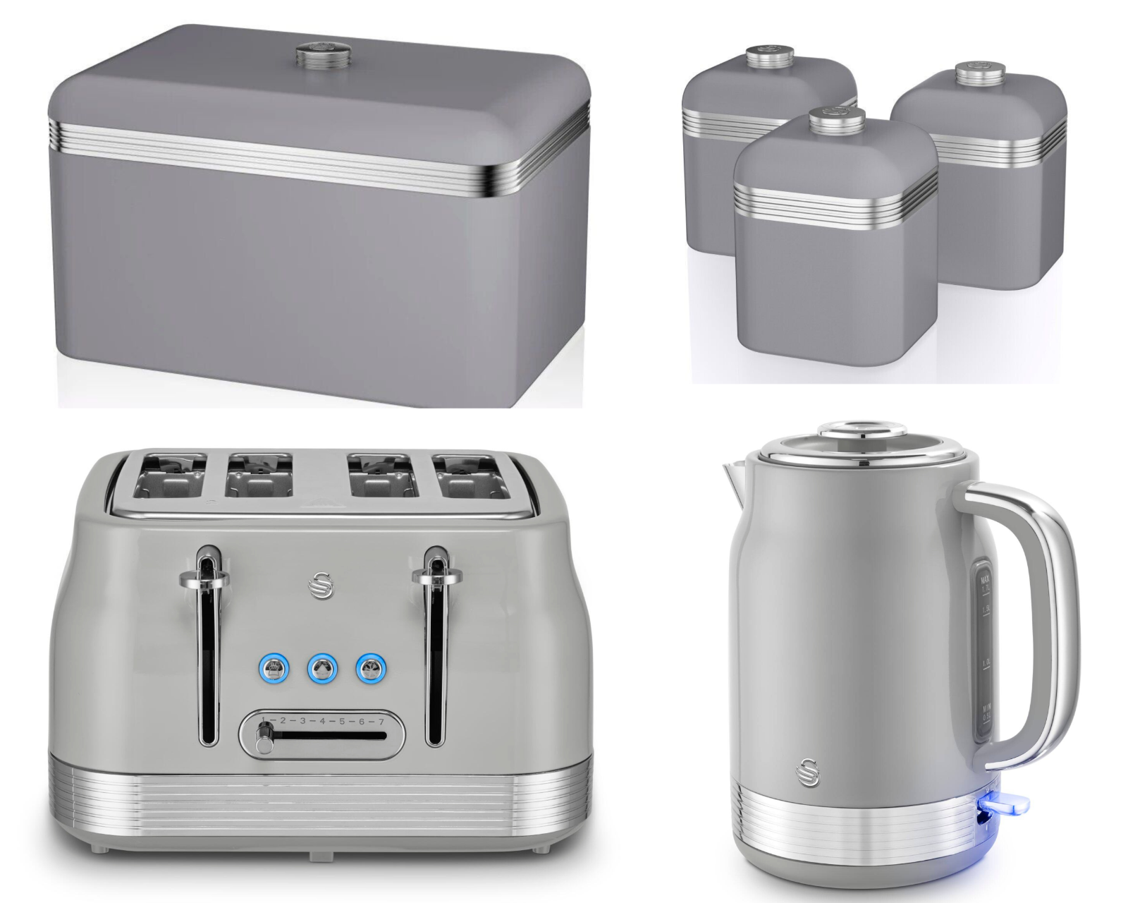 Swan Retro Jug Kettle, 4 Slice Toaster, Bread Bin & Canisters Kitchen Set (Grey) - Vibe Home