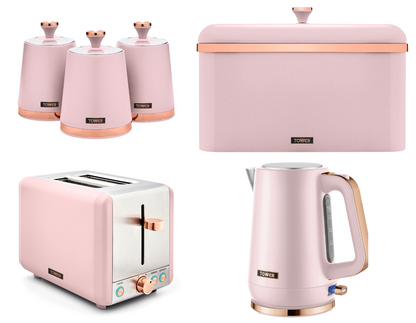 Tower Cavaletto Jug Kettle, 2 Slice Toaster, Bread Bin, Canisters Kitchen Set (Pink) - Vibe Home