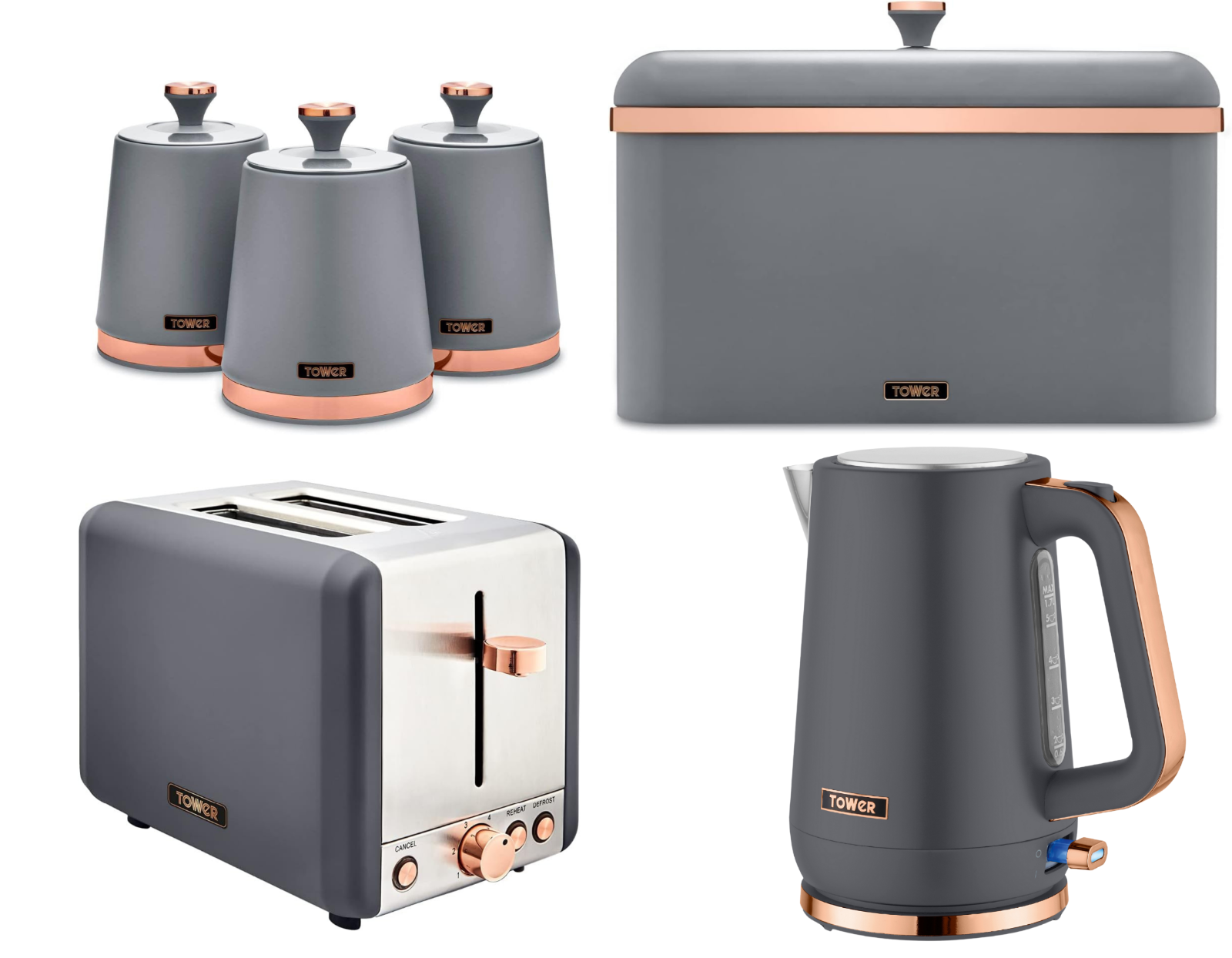 Tower Cavaletto Jug Kettle, 2 Slice Toaster, Bread Bin & Canisters Kitchen Set (Grey) - Vibe Home