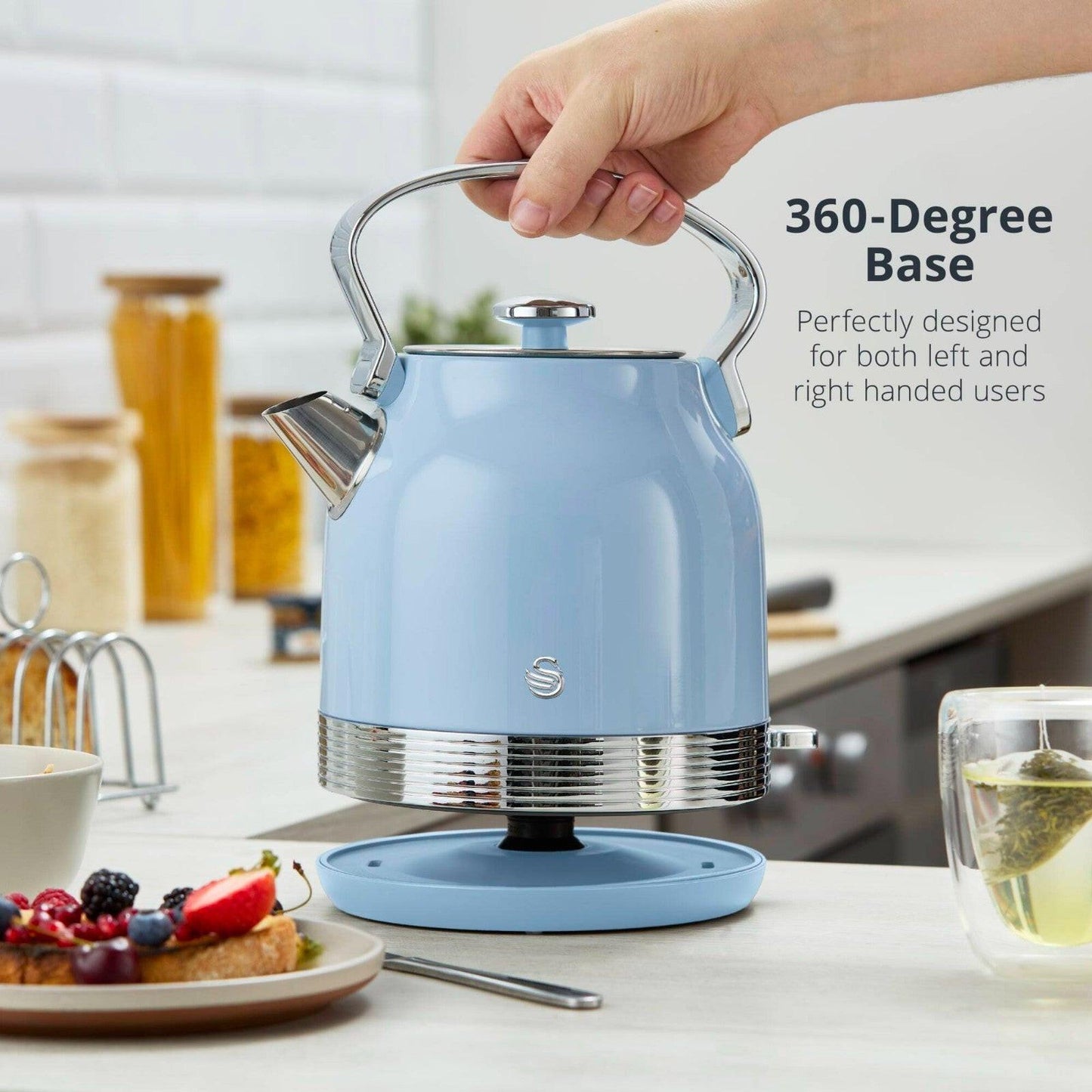 Swan Retro Pyramid Kettle & 4 Slice Toaster Kitchen Set (Blue) - Vibe Home