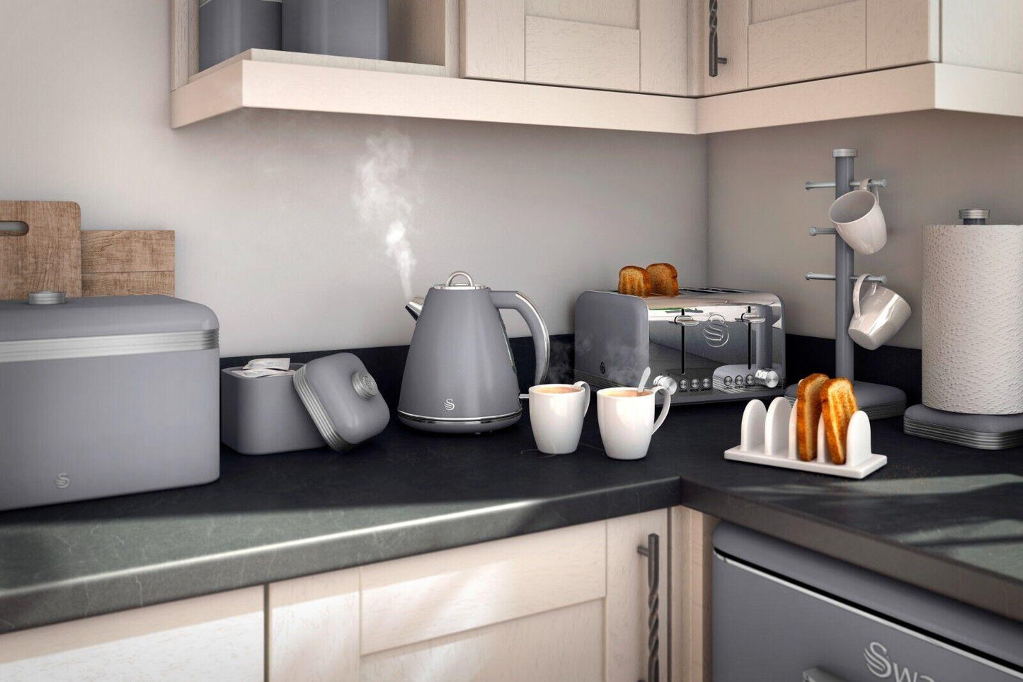 Swan Retro Bread Bin & Canisters Kitchen Storage Set (Grey) - Vibe Home