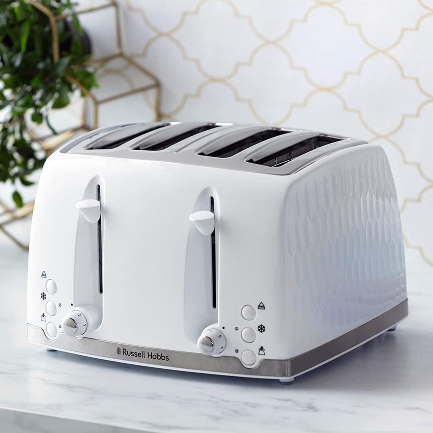 Russell Hobbs Honeycomb Kettle & 4 Slice Toaster Kitchen Set (White) - Vibe Home