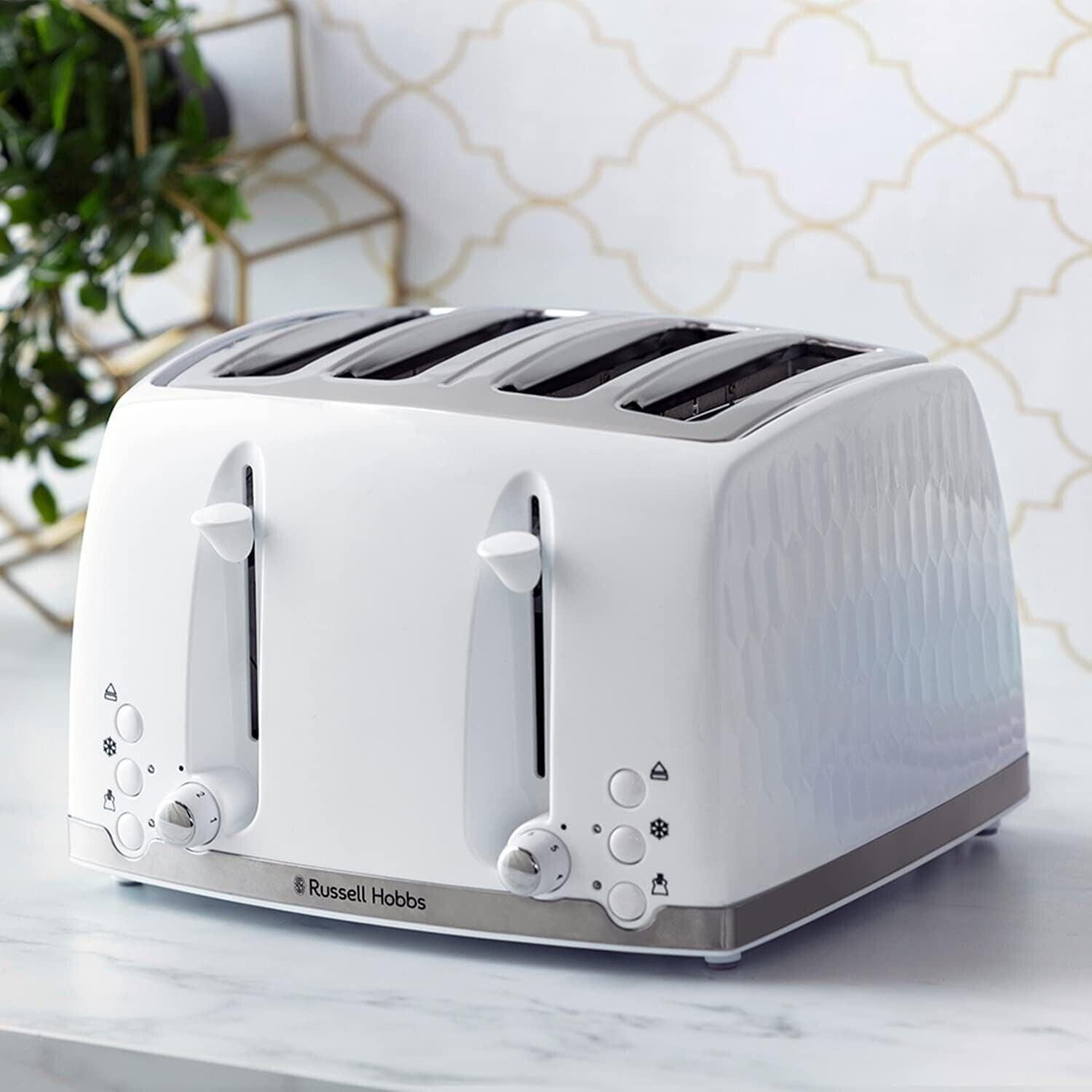 Russell Hobbs Honeycomb Kettle & 4 Slice Toaster Kitchen Set (White) - Vibe Home