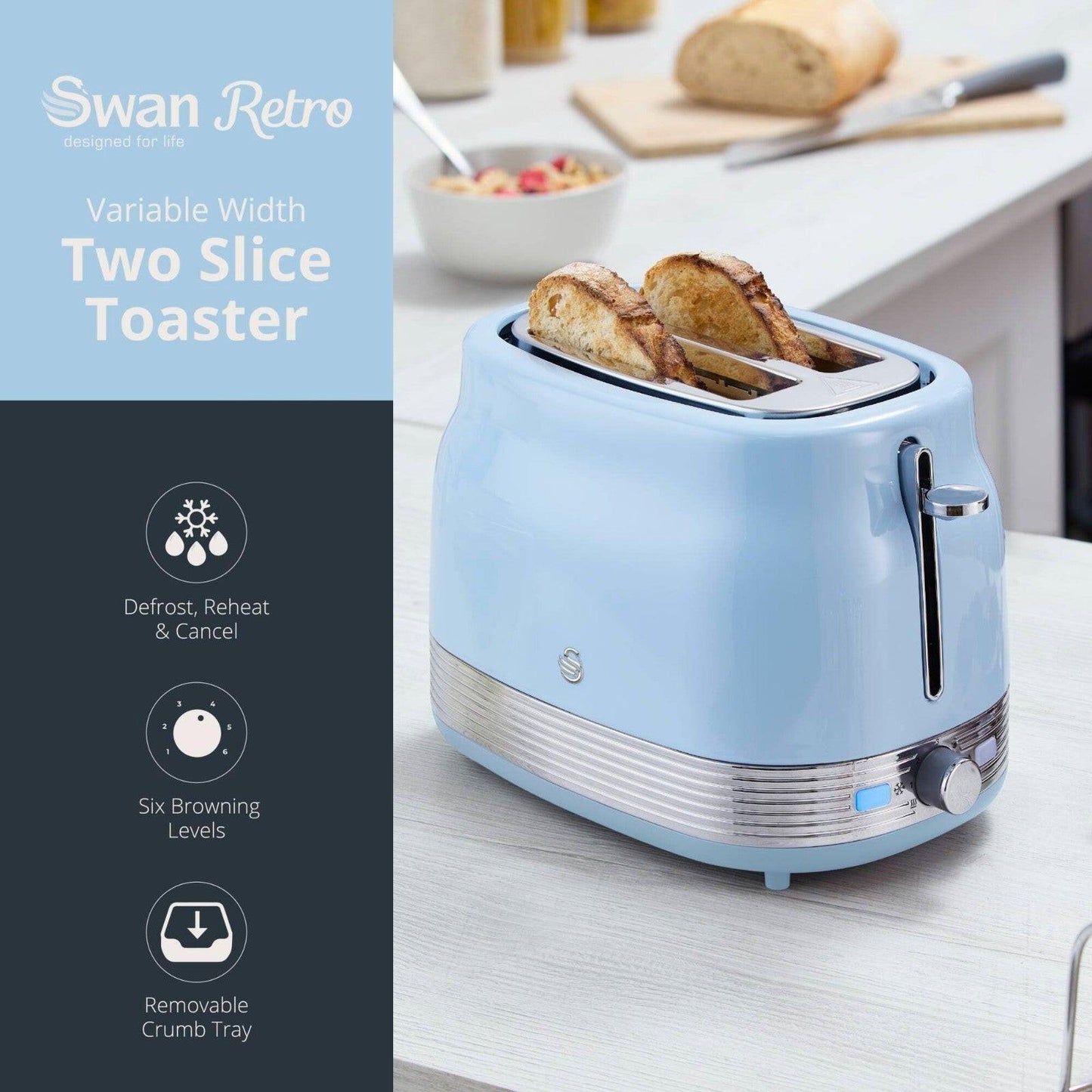 Swan Retro Jug Kettle, 2 Slice Toaster, Bread Bin & Canisters Kitchen Set (Blue) - Vibe Home