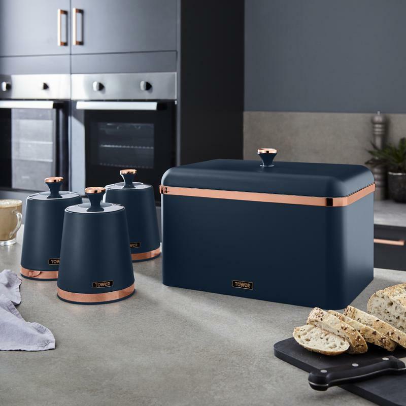 Tower Cavaletto Pyramid Kettle, 4 Slice Toaster, Bread Bin & Canisters Kitchen Set (Midnight Blue) - Vibe Home