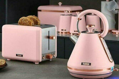 Tower Cavaletto Pyramid Kettle, 2 Slice Toaster & Canisters Kitchen Set (Pink) - Vibe Home