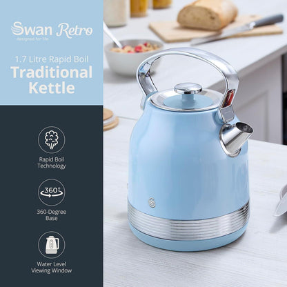 Swan Retro Pyramid Kettle, 2 Slice Toaster & Canisters Kitchen Set (Blue) - Vibe Home
