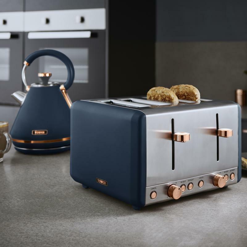 Tower Cavaletto Pyramid Kettle, 4 Slice Toaster, Bread Bin & Canisters Kitchen Set (Midnight Blue) - Vibe Home