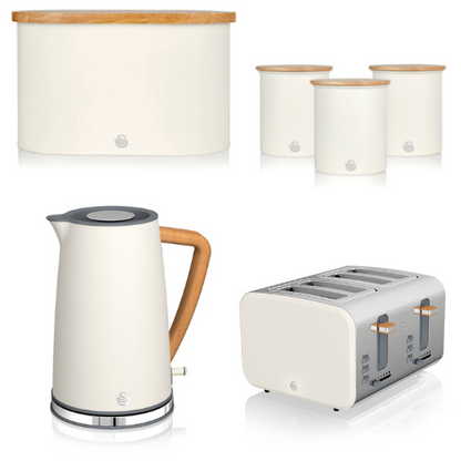 Swan Nordic Kettle, 4 Slice Toaster, Bread Bin, Canisters Kitchen Set (White) - Vibe Home