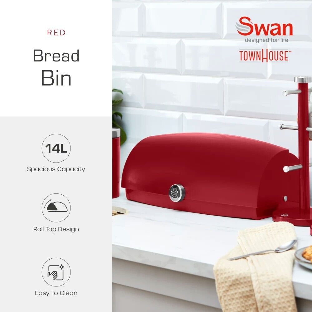 Swan Townhouse Bread Bin & Canisters Kitchen Storage Set (Red) - Vibe Home