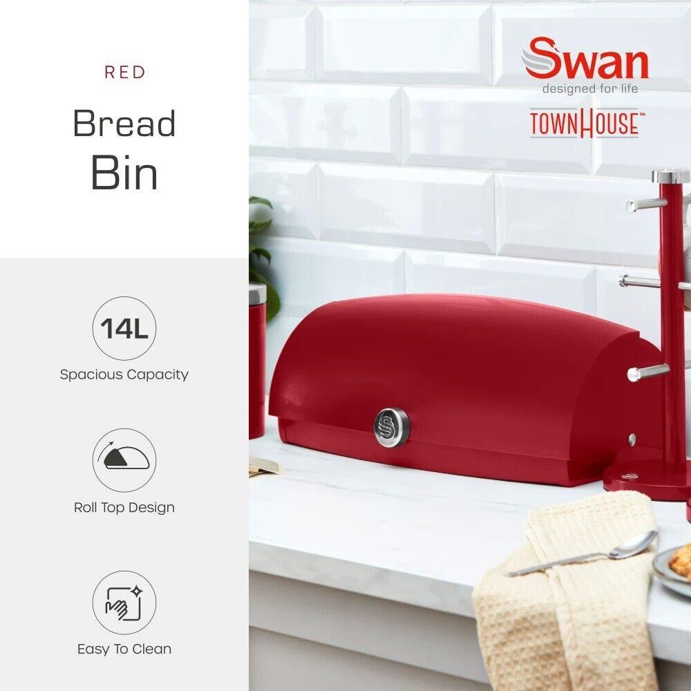 Red bread bin with roll-top lid and chrome knob