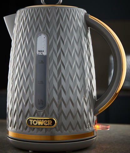 Tower Empire Kettle, 4 Slice Toaster, Bread Bin, Canisters Kitchen Set (Grey) - Vibe Home