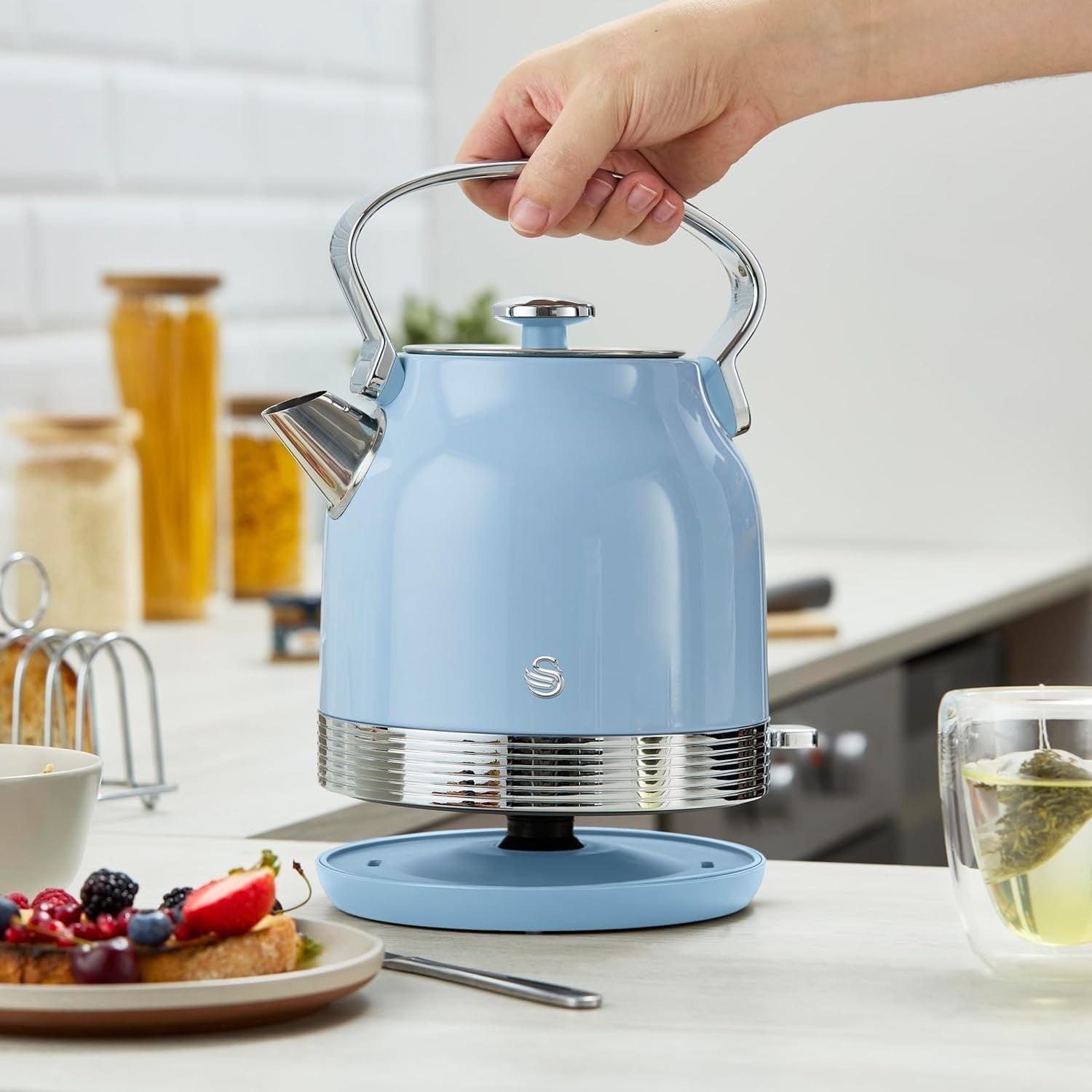 Swan Retro Pyramid Kettle, 2 Slice Toaster & Canisters Kitchen Set (Blue) - Vibe Home