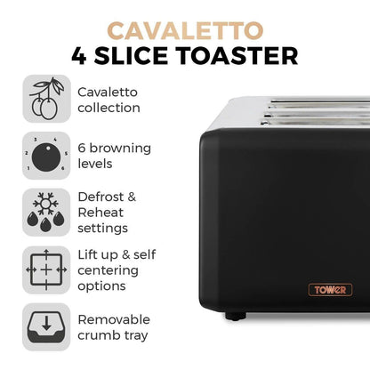 Tower Cavaletto Jug Kettle & 4 Slice Toaster Kitchen Set (Black) - Vibe Home