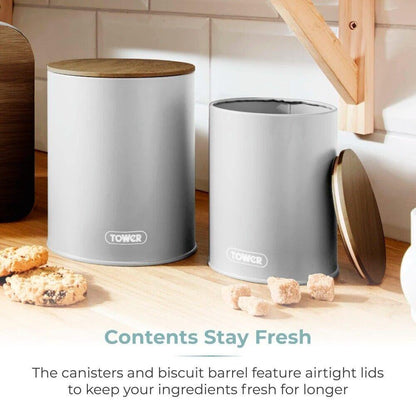 Tower Scandi Kettle, 2 Slice Toaster, Bread Bin, Canisters & Biscuit Barrel Kitchen Set (Dove Grey) - Vibe Home