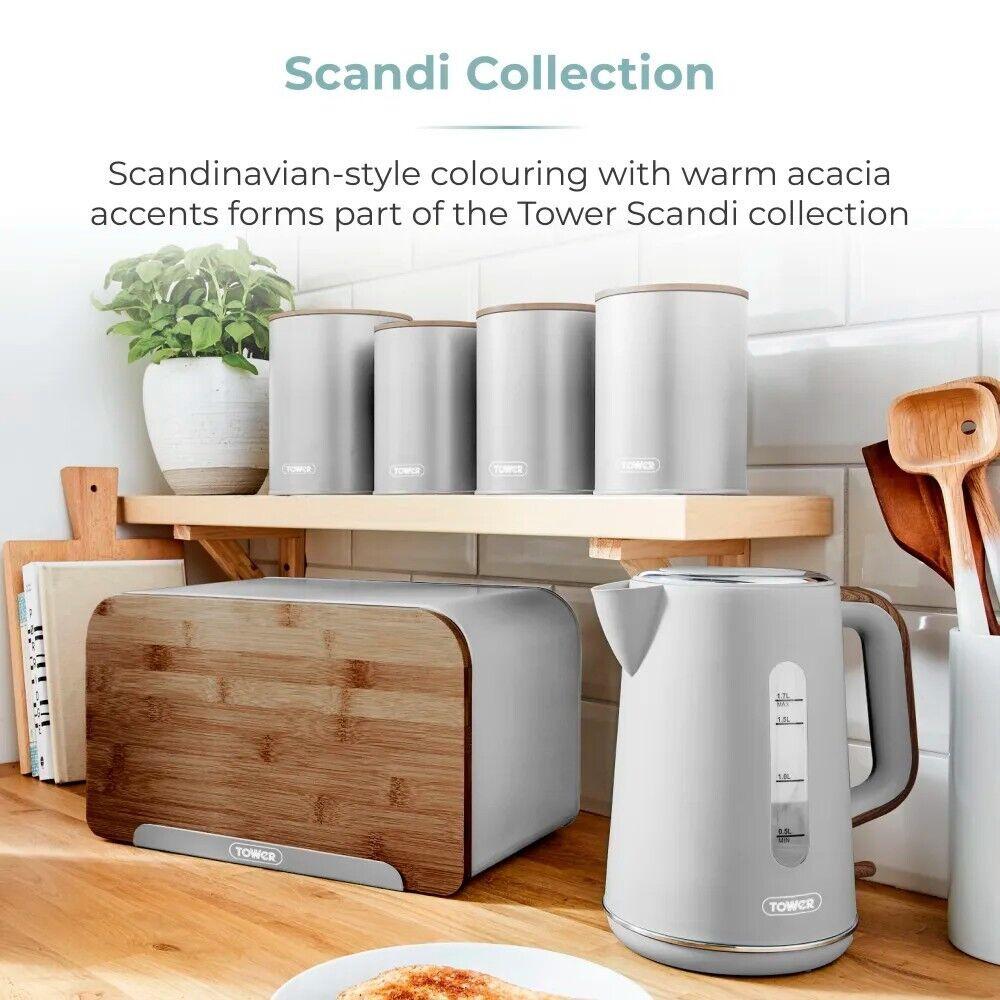 Tower Scandi Kettle, 2 Slice Toaster, Bread Bin, Canisters & Biscuit Barrel Kitchen Set (Dove Grey) - Vibe Home