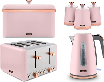 Tower Cavaletto Jug Kettle, 4 Slice Toaster, Bread Bin, Canisters Kitchen Set (Pink) - Vibe Home