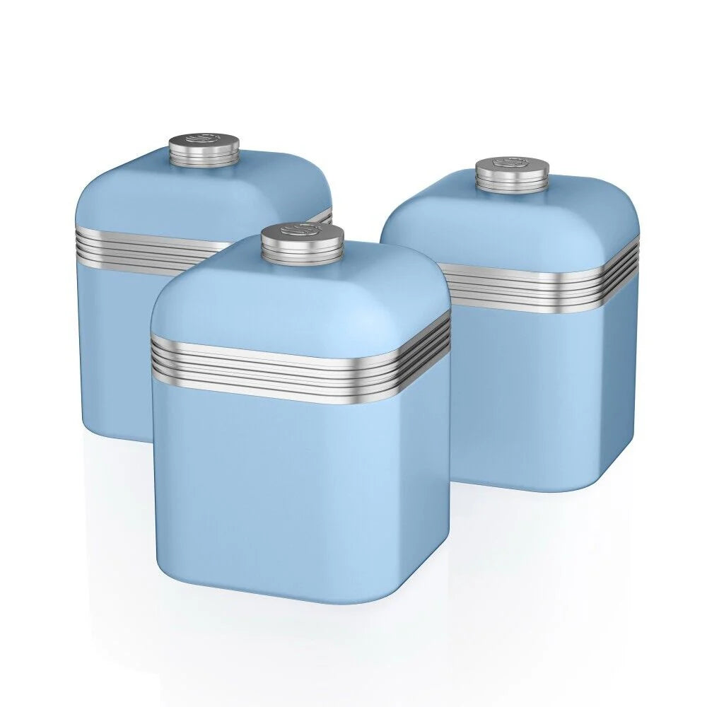 Swan Retro Kettle, 4 Slice Toaster, Bread Bin & Canisters Kitchen Set (Blue)