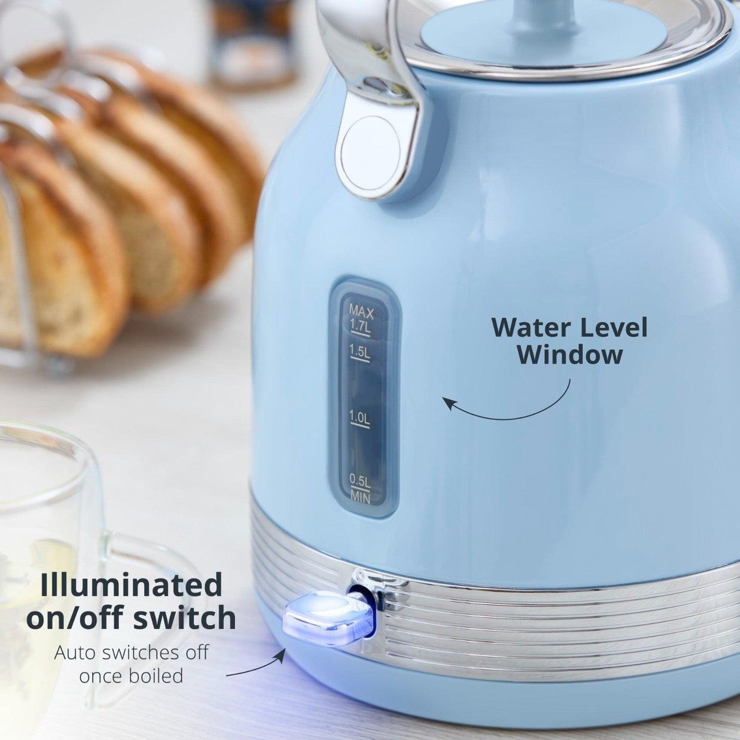 Swan Retro Pyramid Kettle, 2 Slice Toaster, Bread Bin & Canisters Kitchen Set (Blue) - Vibe Home