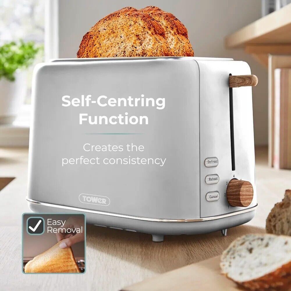 Tower Scandi Kettle, 2 Slice Toaster, Bread Bin, Canisters & Biscuit Barrel Kitchen Set (Dove Grey) - Vibe Home