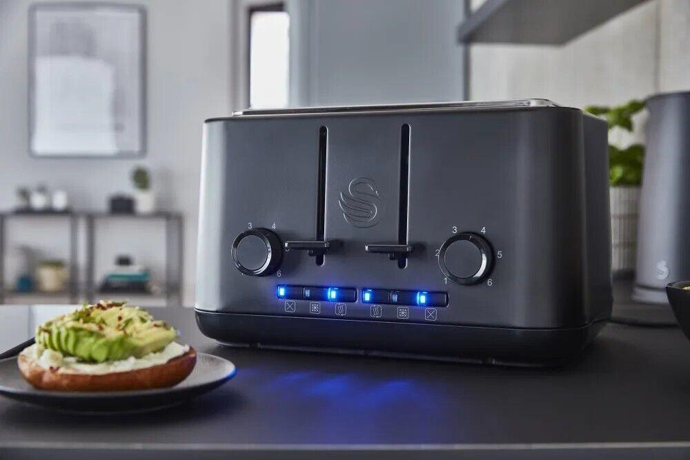Swan Stealth Kettle, 4 Slice Toaster, Bread Bin, Canisters Kitchen Set (Matt Black) - Vibe Home