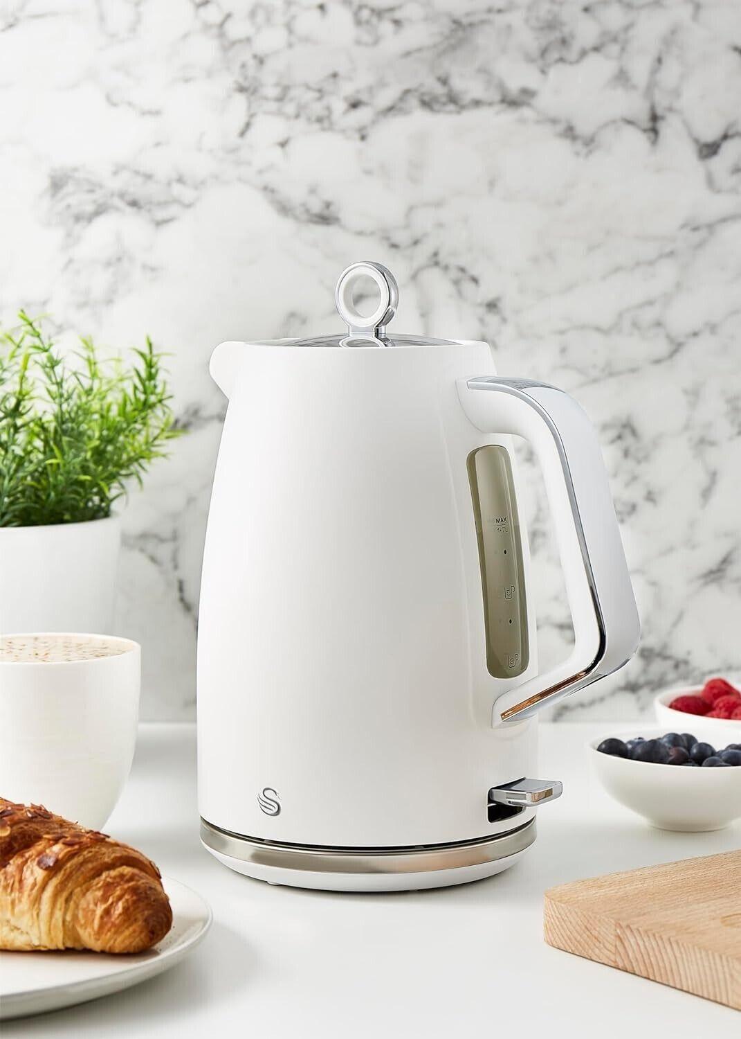 Swan Serenity Kettle, 4 Slice Toaster, Bread Bin & Canisters Kitchen Set (White) - Vibe Home