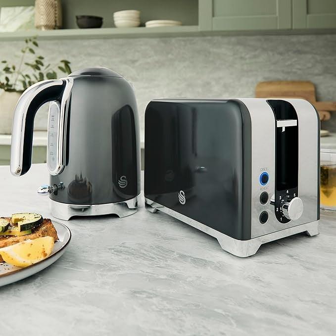Swan Solace Kettle & 2 Slice Toaster Kitchen Set Grey (Graphite) - Vibe Home