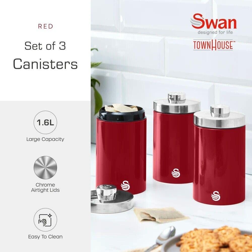 Set of three red canisters with chrome airtight lids