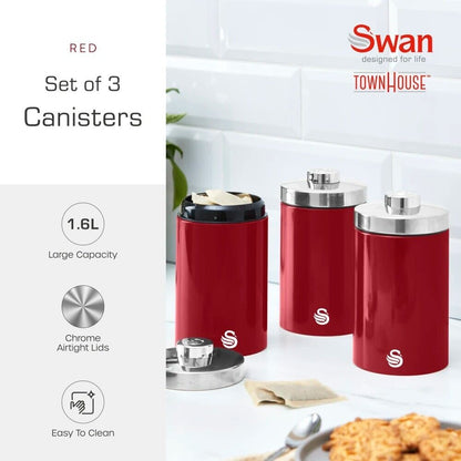 Swan Townhouse Bread Bin & Canisters Kitchen Storage Set (Red) - Vibe Home