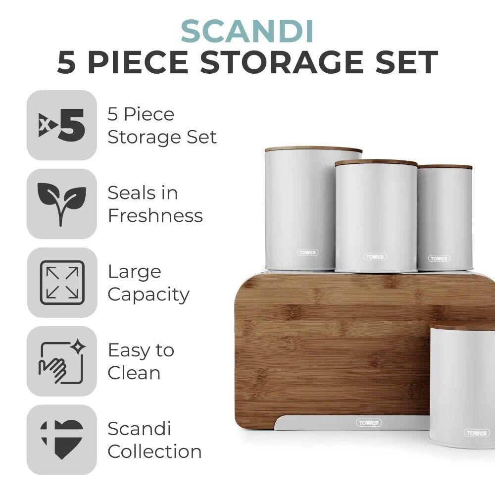 Tower Scandi Kettle, 2 Slice Toaster, Bread Bin, Canisters & Biscuit Barrel Kitchen Set (Dove Grey) - Vibe Home